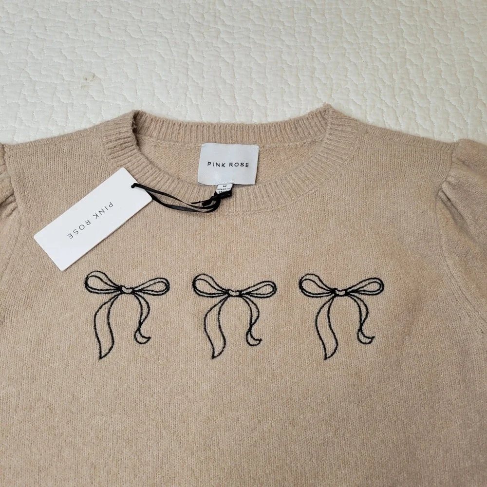 Pink Rose Short Sleeve Sweater Womens Sz M Tan Embroidered Bows Puff Sleeve NEW - Picture 1 of 13